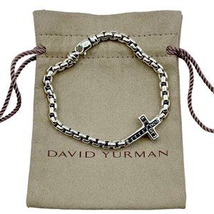 David Yurman Sterling Silver Black Diamond Cross Box Chain Bracelet 8"